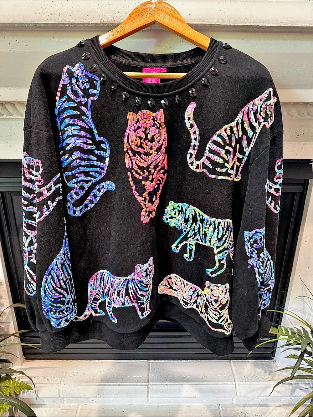 Queen of Sparkles Black Multi Butterfly Tiger Sweatshirt Black & Multicolor Size